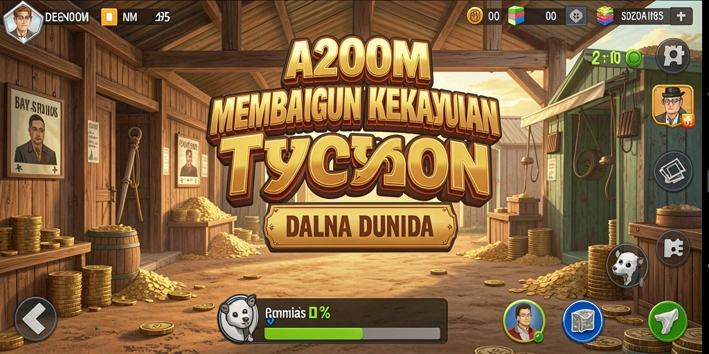 Screenshot gameplay A200M yang menunjukkan pembangunan bisnis Tycoon.