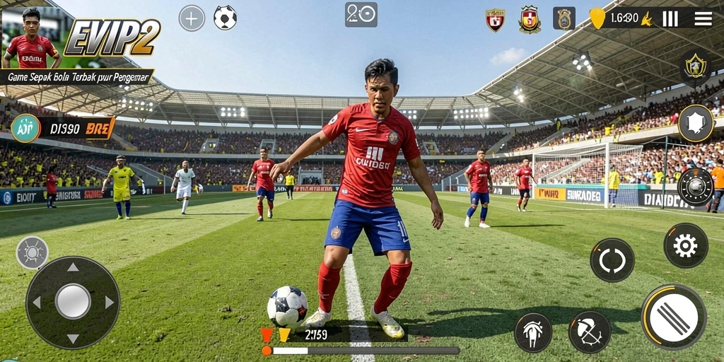 Screenshot permainan EVIP2 menampilkan aksi menegangkan di lapangan sepak bola.