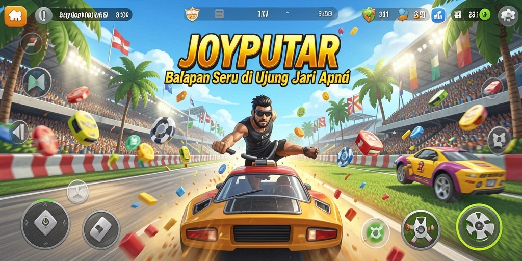 Tangkapan layar menunjukkan aksi balapan mendebarkan dalam JOYPUTAR.