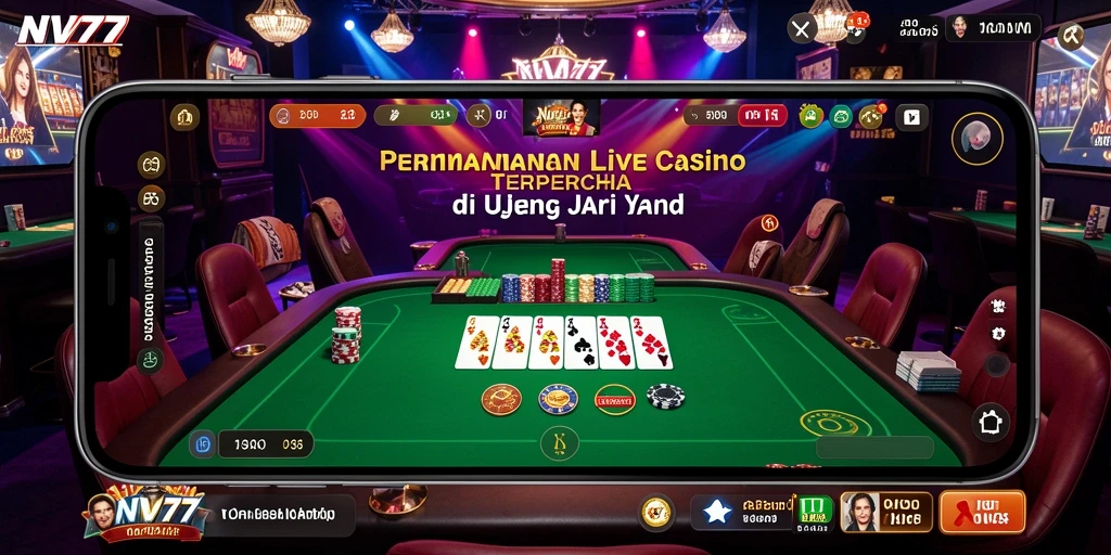 Screenshot gameplay NV77 menampilkan dealer langsung dan permainan yang mendebarkan.