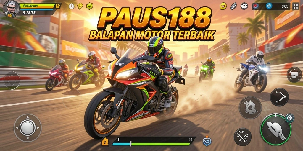 Tampilan gameplay PAUS188 saat balapan motor di sirkuit menegangkan.