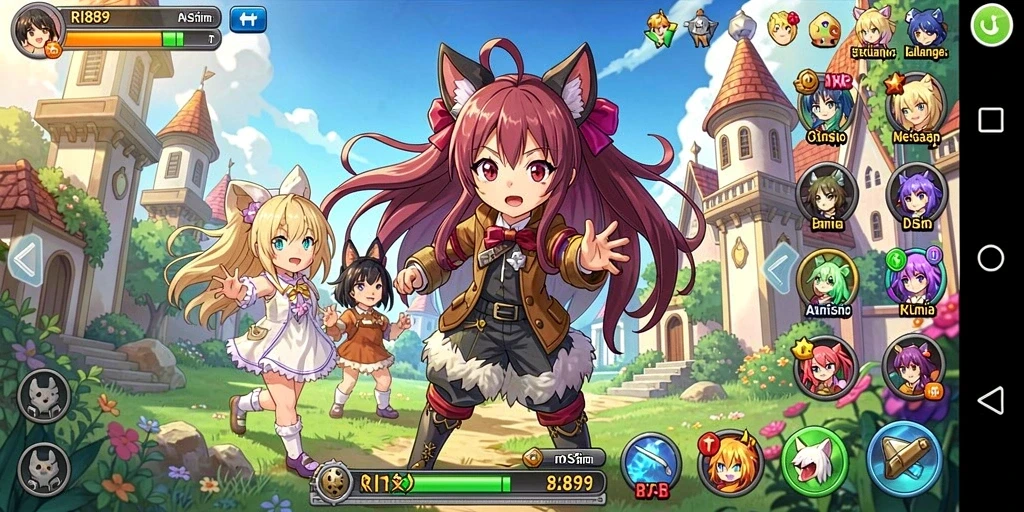 Tampilan gameplay menakjubkan dengan karakter anime penuh aksi.