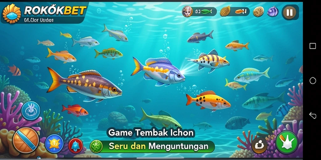 Tampilan gameplay ROKOKBET yang mengasyikkan dengan ikan berwarna-warni.