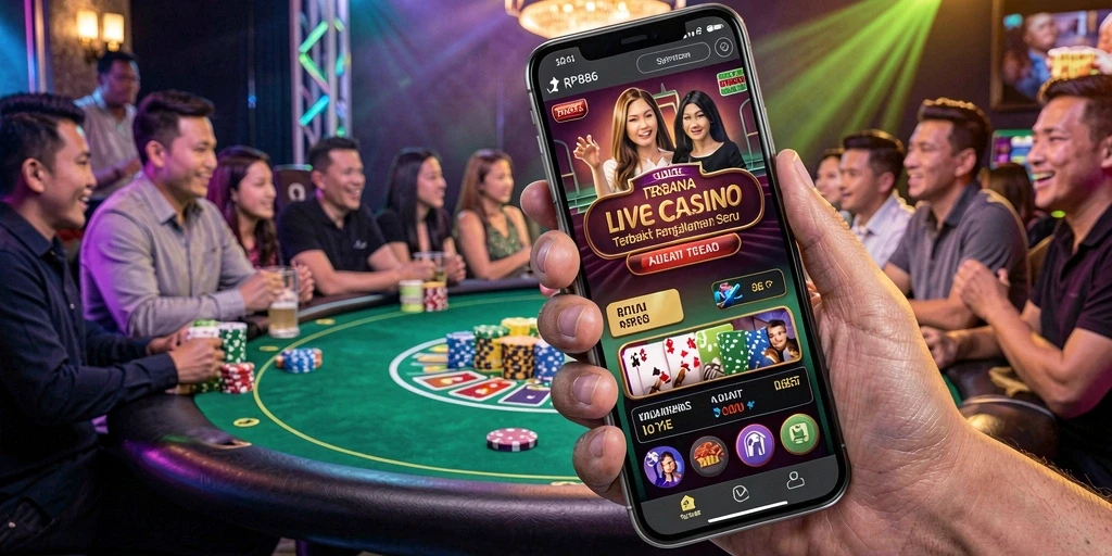 Screenshot gameplay RP886 menampilkan dealer langsung dan meja permainan yang elegan.