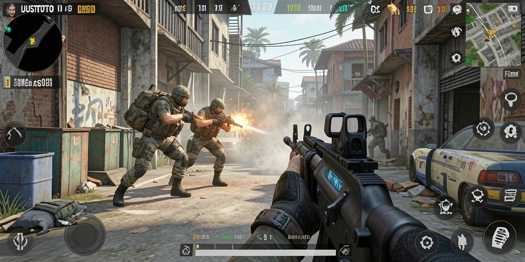 Screenshot menampilkan aksi seru dalam gameplay FPS UUSTOTO.